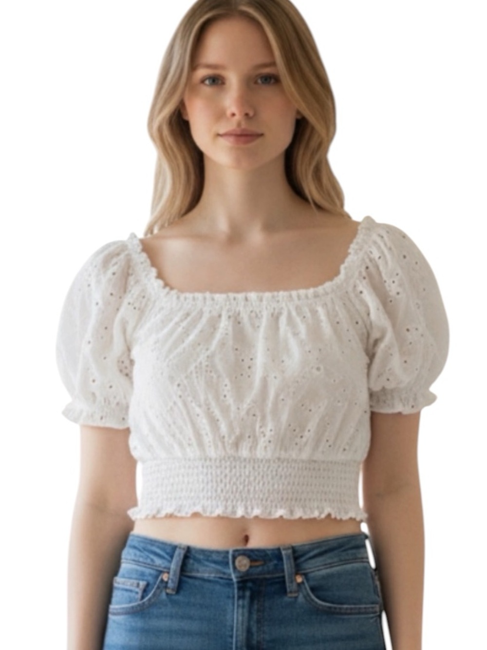 Ocean Drive white eyelet milkmaid cottagecore smocked hemline cropped boho top M